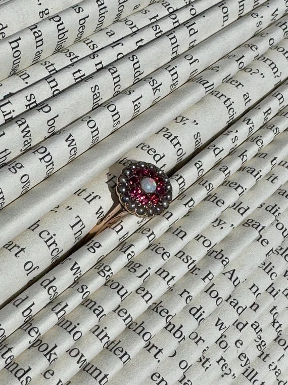 Victorian Ruby, Opal & Gray Seed Pearl Halo Ring … - image 4