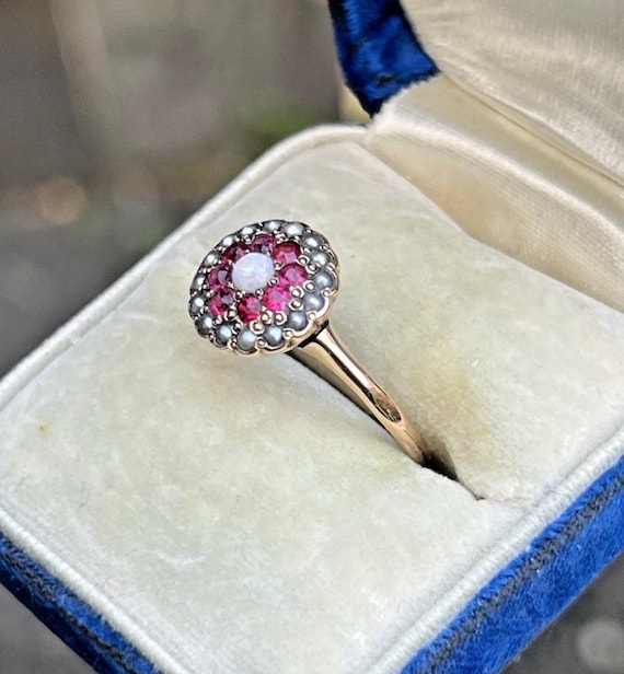 Victorian Ruby, Opal & Gray Seed Pearl Halo Ring … - image 6
