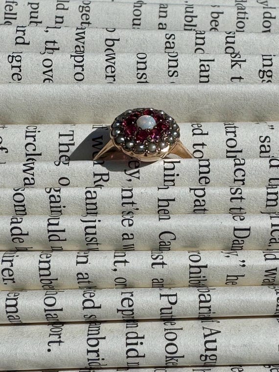 Victorian Ruby, Opal & Gray Seed Pearl Halo Ring … - image 5