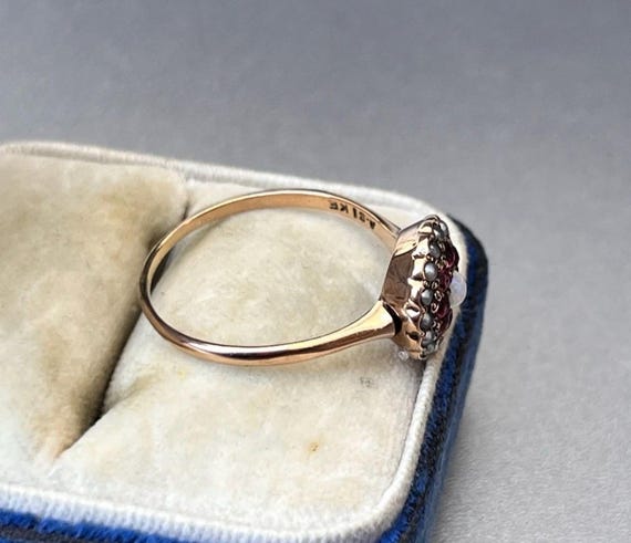 Victorian Ruby, Opal & Gray Seed Pearl Halo Ring … - image 8