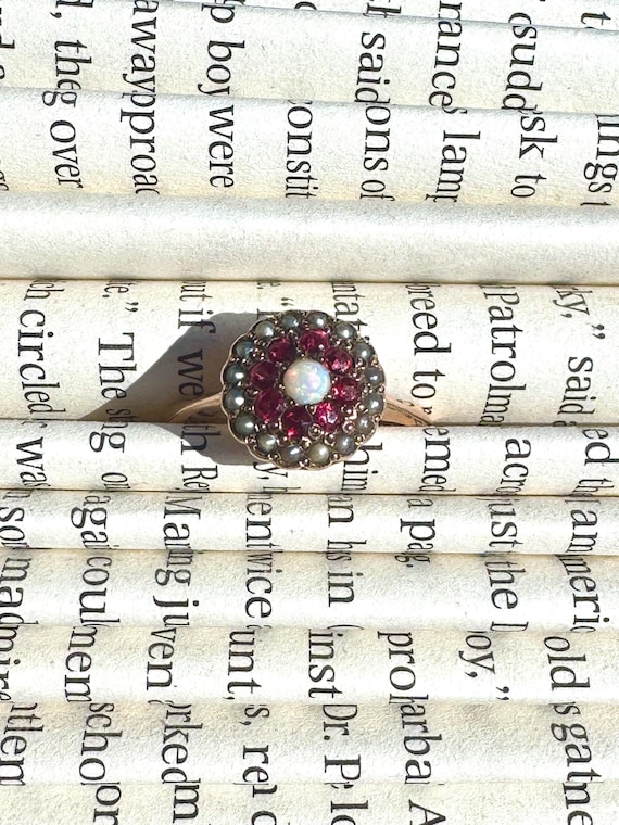 Victorian Ruby, Opal & Gray Seed Pearl Halo Ring … - image 1