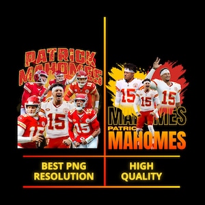 May include: A graphic design featuring multiple images of Patrick Mahomes in a red and white Kansas City Chiefs uniform. The text reads PATRICK MAHOMES, BEST PNG RESOLUTION, and HIGH QUALITY. The design uses a black background with yellow accents.