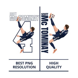 Peut inclure: Illustration numérique de Scott McTominay, joueur de football, effectuant un coup de pied acrobatique. L'image est divisée en deux, avec du texte indiquant "Scott McTominay", "4", "Best PNG Resolution" et "High Quality".