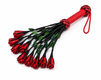 Handcrafted Red & Black Leather Flogger | Braided Handle | Multi-Tail Flogger | Rose Tassel Design