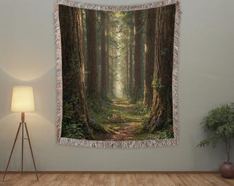 Enchanted Forest Woven Blanket – Cozy Woodland Tapestry Throw, 100% Cotton, Nature Inspired Home Decor