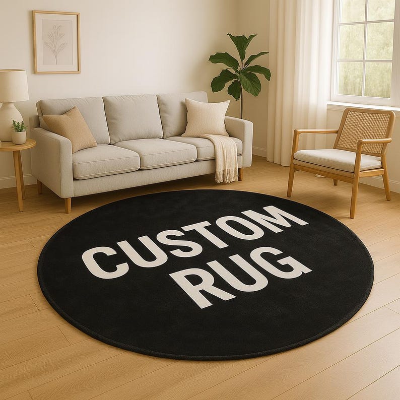 Pode incluir: Um tapete redondo preto com as palavras "CUSTOM RUG" em letras brancas grandes. O tapete est&aacute; numa sala de estar com um sof&aacute; bege, almofadas e uma cadeira de madeira.