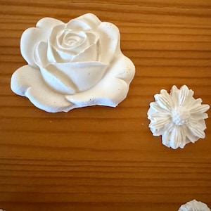 Könnte beinhalten: Weiße Gipsdekorationen in Form einer Rose und einer Gänseblume auf einer Holzoberfläche. Die Rose steht in voller Blüte und die Gänseblume hat eine detaillierte Mitte. Diese dekorativen Elemente könnten für Bastelarbeiten oder die Inneneinrichtung verwendet werden.