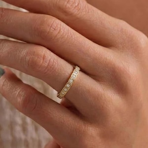10K Solid Gold Square Bezel Ring, Geometric Moissanite Half Eternity Band, Modern Box Set Wedding Ring, Stacking Band