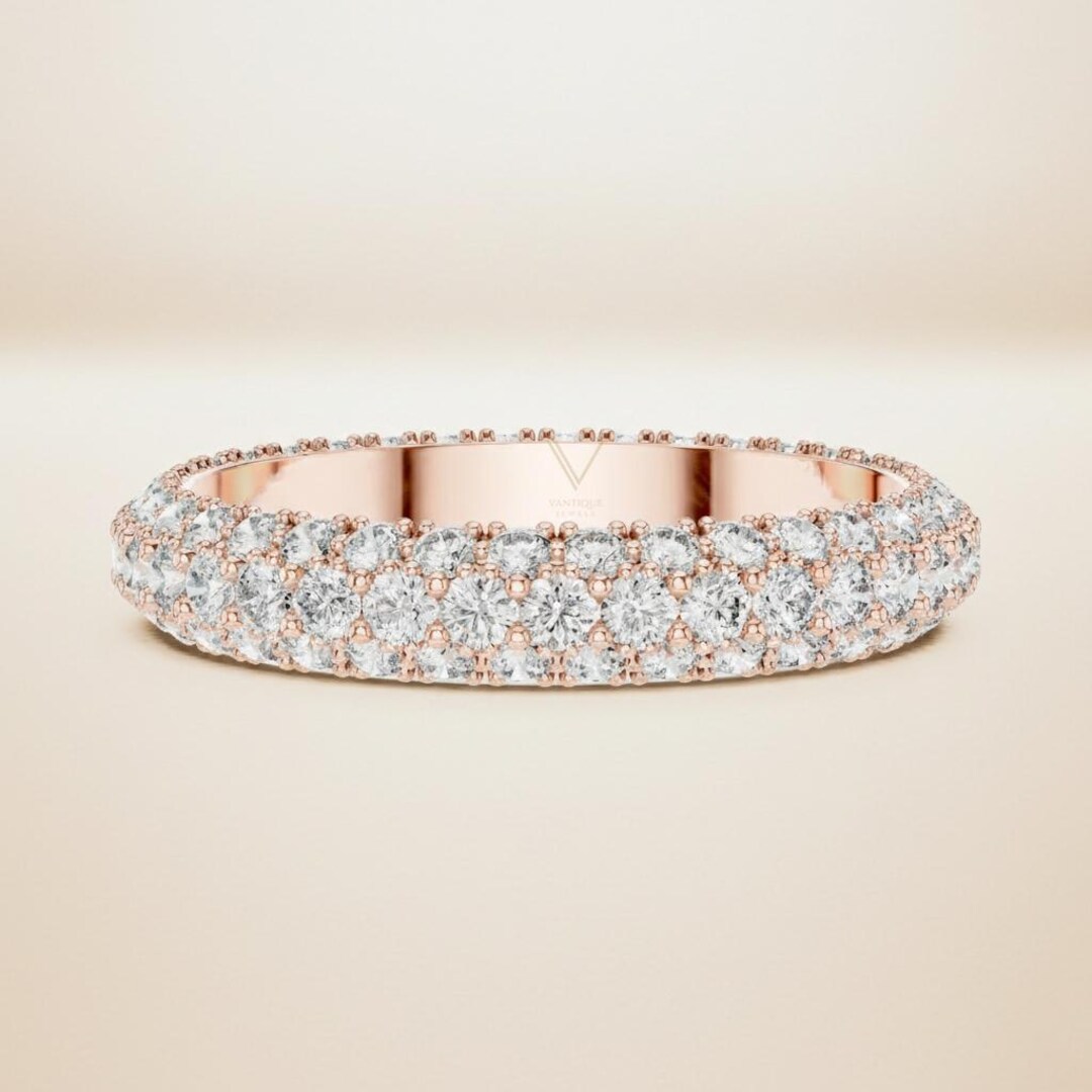 Gold Triple Row Diamond Eternity Band, Dainty Stacking Wedding Ring ...