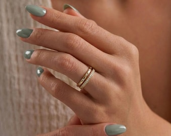 14K Gold Plated Ring, Dainty Bridal Ring Set, 2  Rings Set, Stackable Eternity Bezel Settting