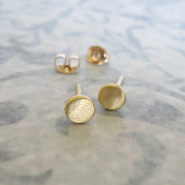Brushed Matt Gold Disc Stud Earrings, 18k Gold Plated
