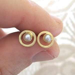 Gold pearl circle earrings small studs gift for her