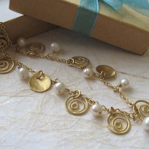 Gold charm necklace with fresh water pearls , 18k gold plated charms and chain , wedding necklace , bridal jewelry