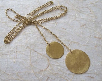 Gold disc long necklace , Gold disc lariat tie necklace , Gold hammered circles necklace , Handmade by Adi Yesod