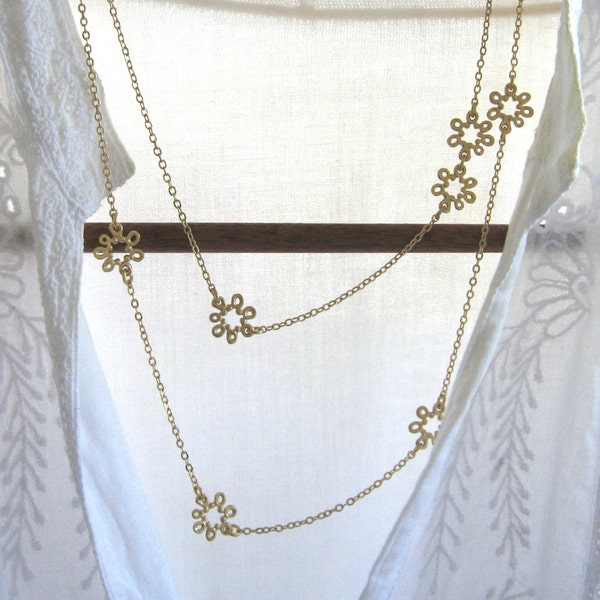 Gold flower necklace long layering necklace Flowers layered necklace Double necklace