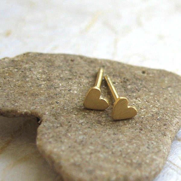 Gold tiny heart studs , Gold heart post earrings