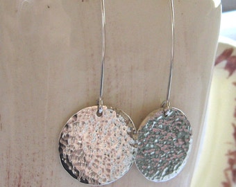 Hammered Sterling Silver Disc Earrings, Long Shiny Finish