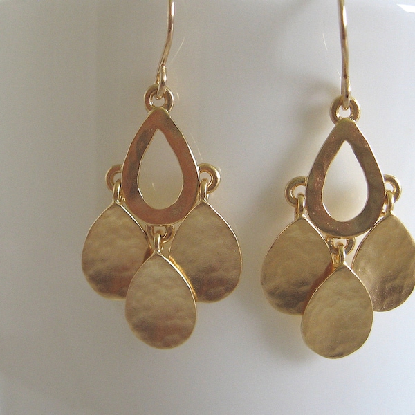 Gold drop earrings , Ethnic gold earrings , Gold teardrop dangle earrings , Handmade by Adi Yesod