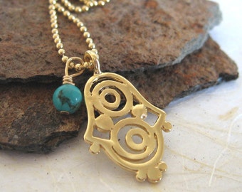 Gold Hamsa and Turquoise charm Necklace , Filigree hamsa necklace ,  kabbalah hamsa hand necklace