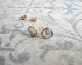 14k Solid gold post earrings with Opal , Gold  gemstone stud earrings , Handmade by Adi Yesod