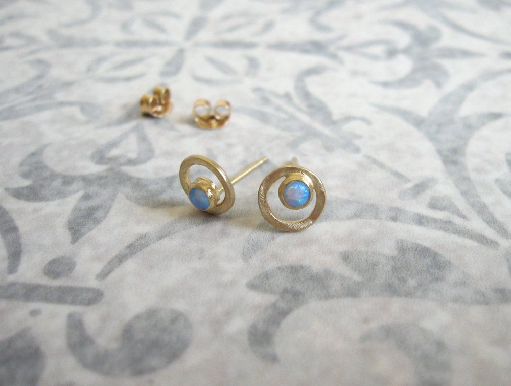 14k Solid Gold Post Earrings With Opal Gold Gemstone Stud Etsy