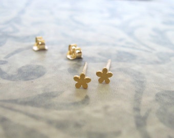 Könnte beinhalten: Ein Paar goldene Blumenohrstecker. Die Ohrringe sind klein und zart, mit einem schlichten Design.