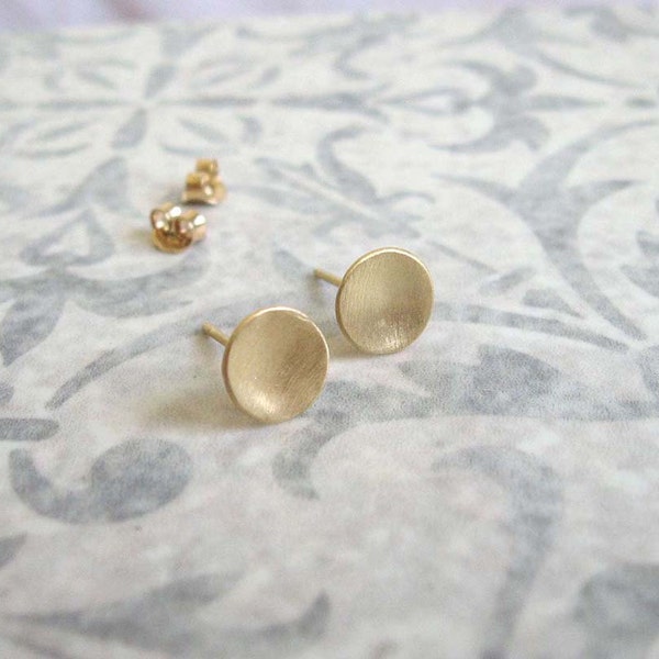 Gold disc studs , Gold circle post earrings , Brushed matt gold stud earrings