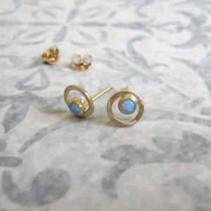 Gold circle stud earrings with Opal , Gold and Opal studs , Opal post earrings