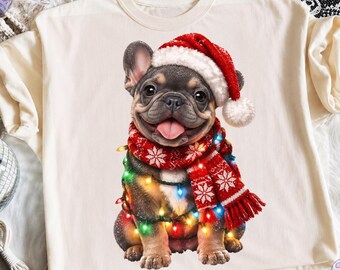 Christmas French Bulldog PNG, Santa Dog Clipart, Cute Frenchie Christmas Design, Holiday Dog Sublimation, Christmas Lights Dog, High Quality