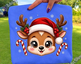 Cute Reindeer PNG, Christmas Reindeer Clipart, Santa Hat Reindeer Design, Holiday Animal Sublimation, Candy Cane Reindeer PNG, High Quality