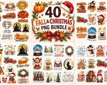 40 Fall & Christmas PNG Bundle, Seasonal Sublimation Designs, Halloween Thanksgiving Christmas PNG, Transparent Sublimation Bundle, Digital