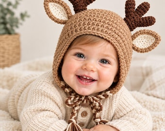 Baby Reindeer Crochet Hat Pattern, PDF Crochet Pattern, Newborn Reindeer Hat, Christmas Baby Hat Pattern, Instant Download