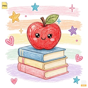 Cute Apple Books PNG, Kawaii Teacher Apple PNG, Back to School Sublimation Design, Book Lover Printable, Instant Digital Download