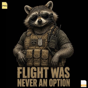 Puede incluir: Un mapache con gafas de sol de aviador negras y un chaleco táctico color canela con múltiples bolsillos, una radio y una placa de identificación. El mapache tiene pelaje gris oscuro. Debajo, el texto dice FLIGHT WAS NEVER AN OPTION en color canela.