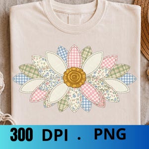 Sunflower Applique PNG, Fabric Flower Sublimation Design, Cottagecore Patchwork Clipart, Vintage Gingham Floral, Boho Shirt Design, Digital