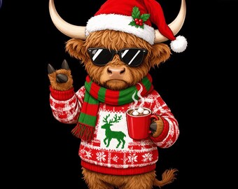 Christmas Highland Cow PNG, Cute Cow Clipart, Funny Santa Cow Design, Christmas Cuteness Sublimation, Holiday Animal PNG
