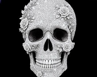 Rhinestone Skull PNG, Jeweled Skull Clipart, Screen Printing Design, Vintage Southern Tee PNG, Gothic Rose Skull, Goth Girl, High Quality