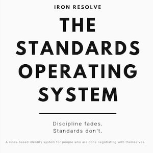 Puede incluir: Un póster minimalista en blanco y negro con el texto "IRON RESOLVE" en la parte superior. Las palabras "THE STANDARDS OPERATING SYSTEM" se muestran en negrita, con una fuente sans-serif. Debajo, se lee "Discipline fades. Standards don't."