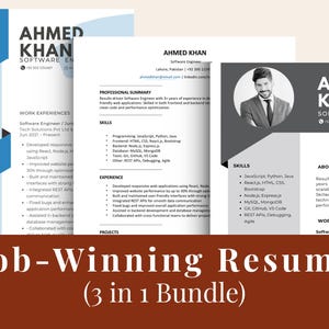Può includere: Un pacchetto di tre modelli di curriculum con un design professionale. I curriculum presentano il nome "Ahmed Khan" e includono sezioni per competenze, esperienza e un riepilogo professionale. Il testo "Job-Winning Resume (3 in 1 Bundle)" è visualizzato in basso.