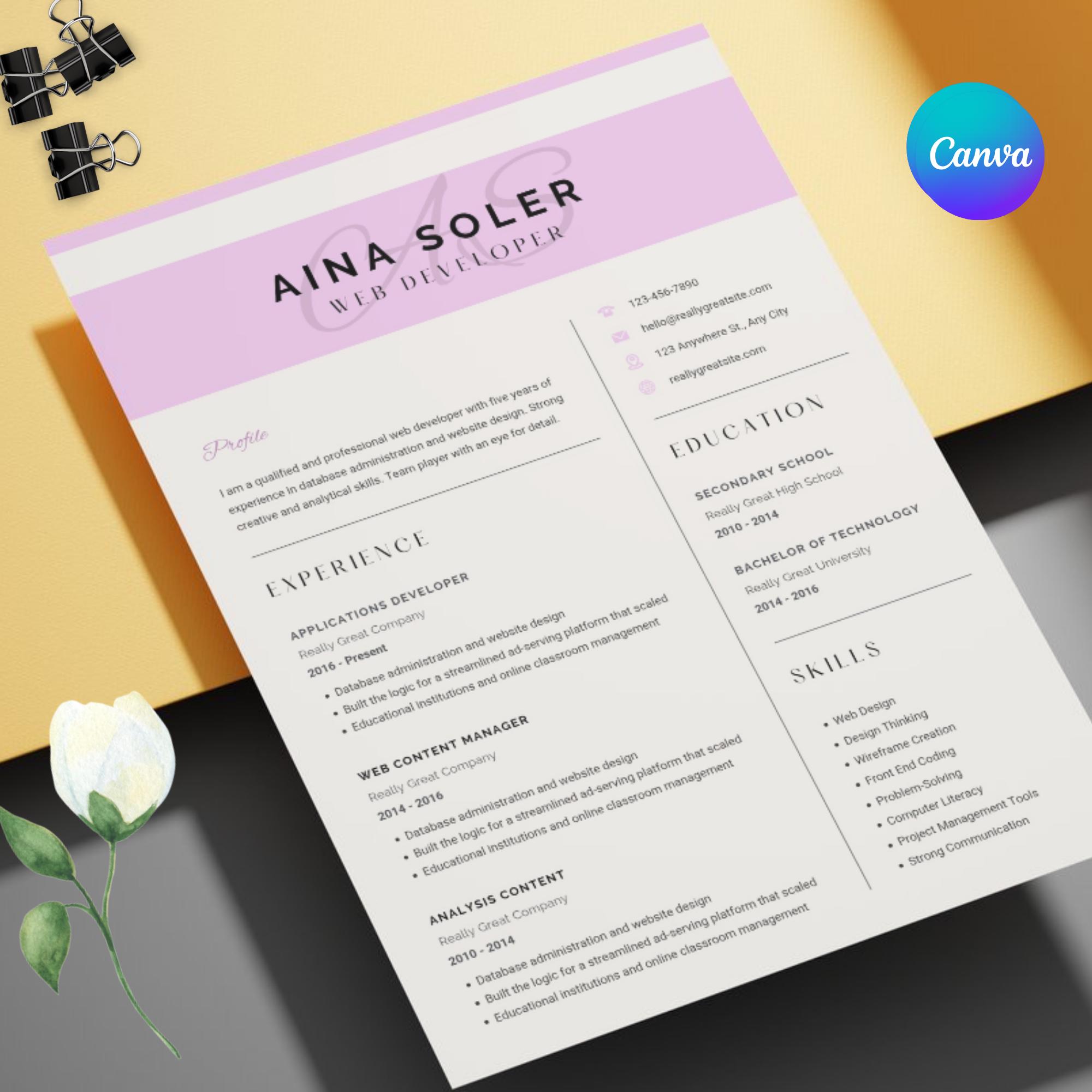 Minimal Resume Template | Editable Canva CV | Modern Professional ...