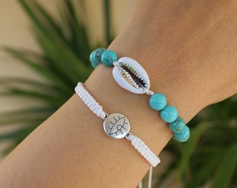 Turquoise Howlite Greek summer stackable bracelet, Evil eye cowrie, made in Greece, Silver shell bracelet, evil eye coin simple tiny elegant