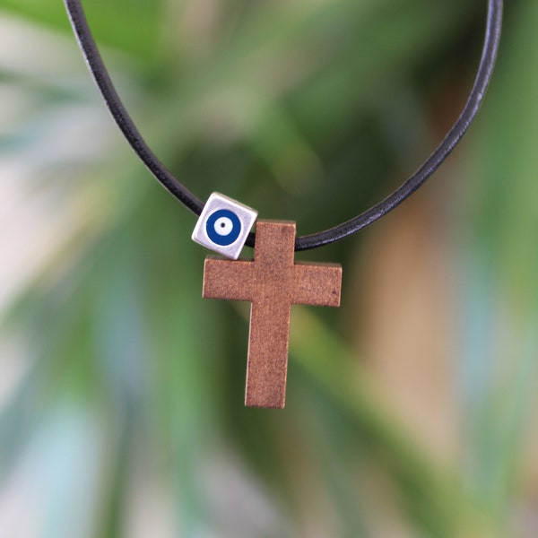 Wooden cross necklace, Mens Greek leather with evil eye, Gift for him, made in Greece, Genuine leather, Greek jewelry,  evil eye, Orthodox