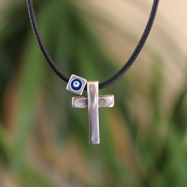 Orthodox Cross Necklace, Mens Greek leather cross necklace with evil eye, Gift for him, made in Greece, Genuine leather, Greek jewelry