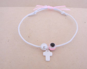 Pink Pearl, Greek Orthodox Witness Pins, Martyrika, Martirika, Bracelets, Shell Cross Evil Eye with ribbon