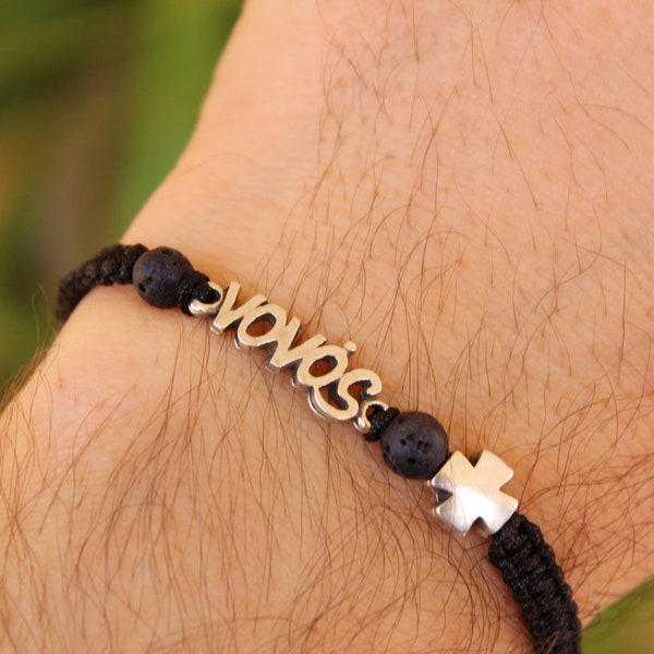 Mens Greek Nouno Bracelet, Nono gift, Black Lava Beads with cross, Jewelry Made in Greece, Godfather gift, Gift for him, Protection