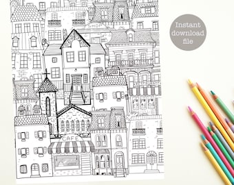 Könnte beinhalten: Schwarz-Weiß-Illustration einer Stadtlandschaft mit Gebäuden, Geschäften und einem Café. Der Text "Instant download file" ist in einem grauen Kreis enthalten. Buntstifte sind auf der rechten Seite angeordnet.