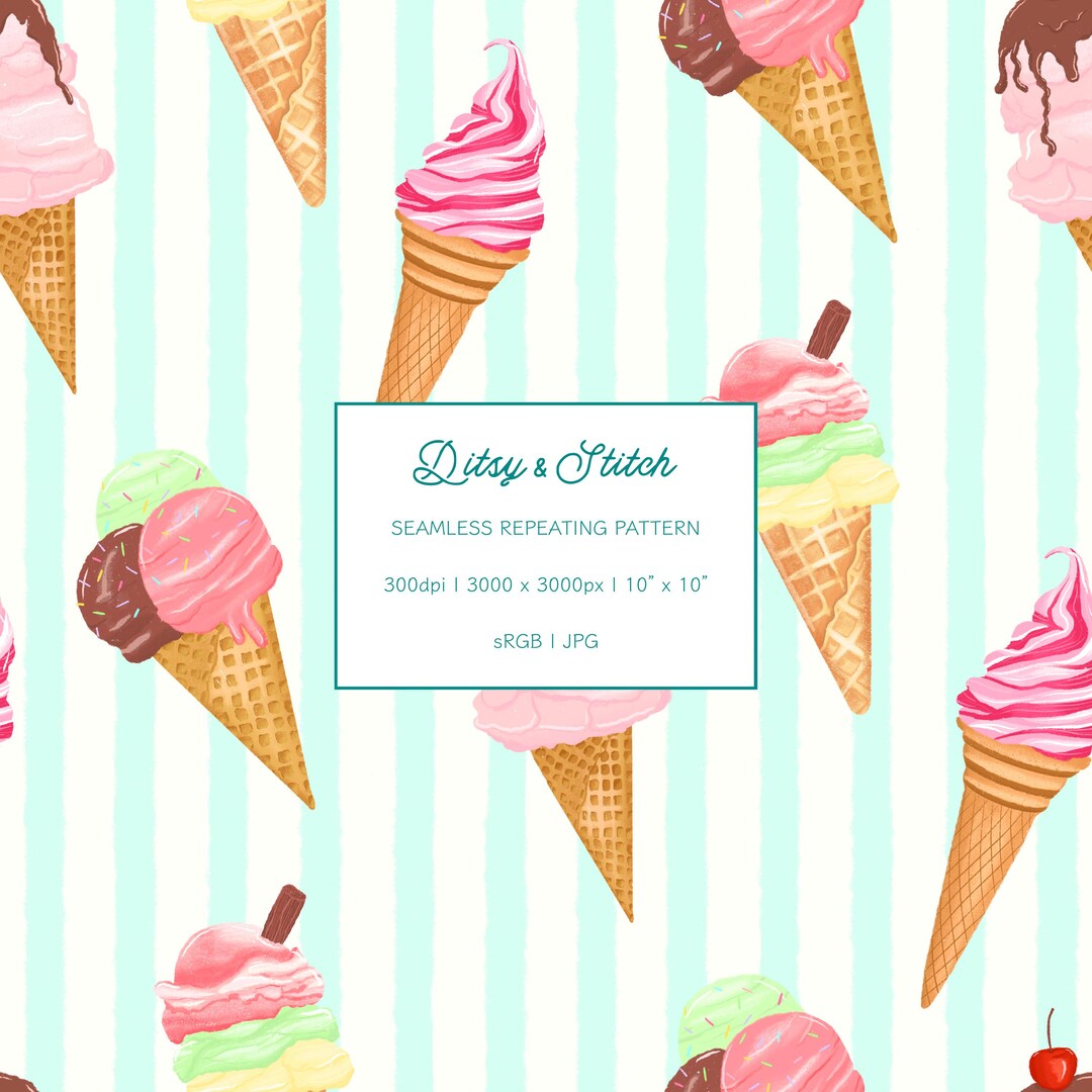 Ice Pattern Repeating Ice Cream Cones Repeating Pattern – Mint Stripes, Seamless Digital ...