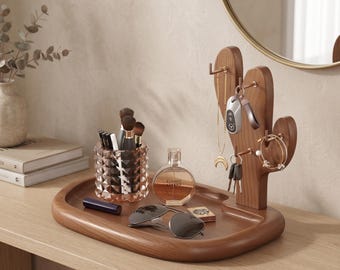 Walnut Wood Cactus Key Holder, Jewelry Organizer Tray, Entryway Catchall for Rings and Keys, Minimalist Boho Home Decor, Jewelry Dish