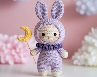 Starlight Crochet Pattern PDF, Lavender Luna Bunny Amigurumi, Celestial Moon Wand, K-Pop Idol Doll