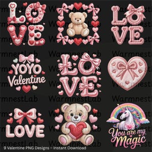 Valentinstag Liebe PNG Bundle Chenille Schleife Teddy Designs für Sublimation Cricut POD Geschenke Einhorn Download